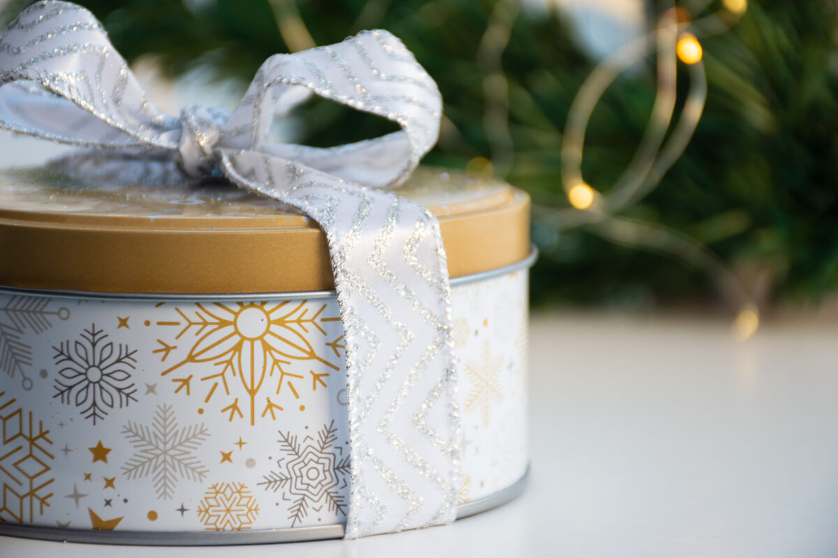 decorated christmas tin
