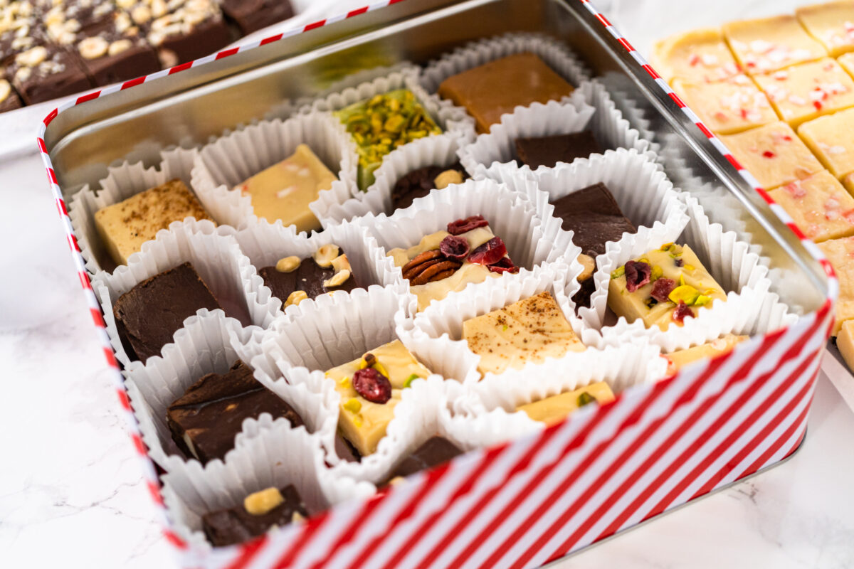 fudge in a holiday tin